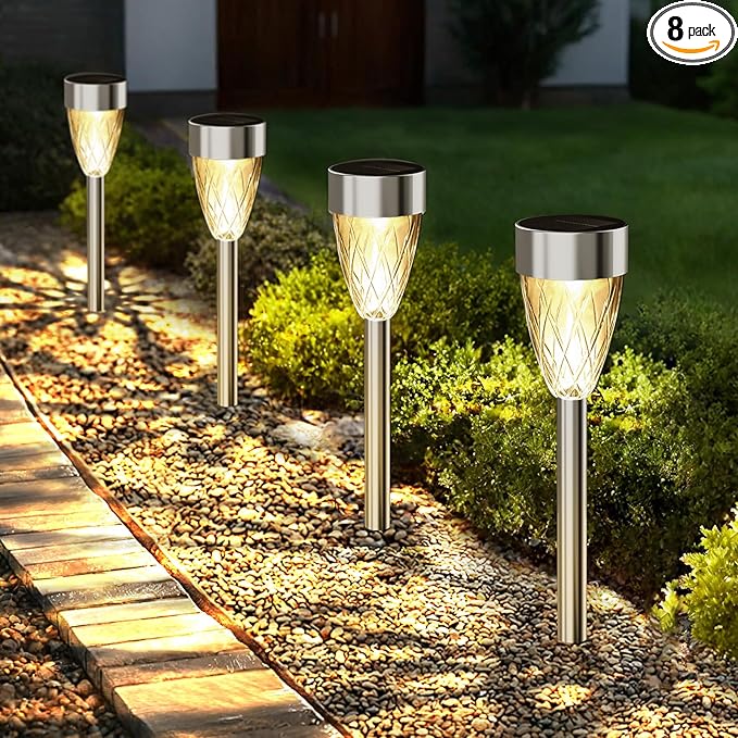 Solar Pathway Lights Outdoor, 8 Pack Stainless Steel Waterproof Solar Lights for Outside, Auto On/Off Warm White Garden Light for Yard, Lawn Driveway Landscape Backyard Walkway