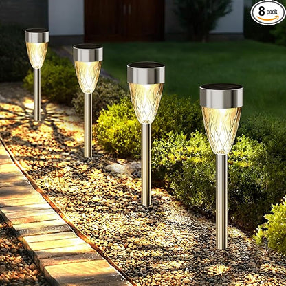Solar Pathway Lights Outdoor, 8 Pack Stainless Steel Waterproof Solar Lights for Outside, Auto On/Off Warm White Garden Light for Yard, Lawn Driveway Landscape Backyard Walkway