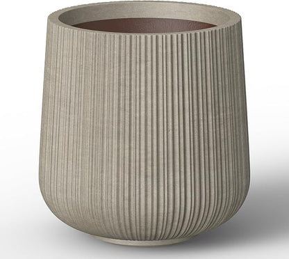 Kante 13.0" Dia Round Fluted Concrete Planter, Large Plant Pot with Drainage, Smooth Weathered Concrete Finish with Warm Brown Interior, for Indoor and Outdoor Use
