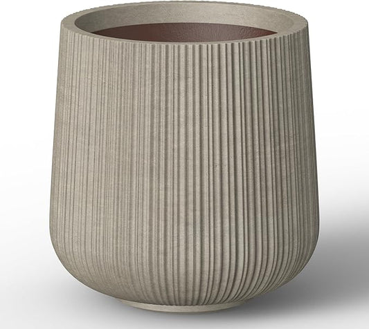 Kante 13.0" Dia Round Fluted Concrete Planter, Large Plant Pot with Drainage, Smooth Weathered Concrete Finish with Warm Brown Interior, for Indoor and Outdoor Use