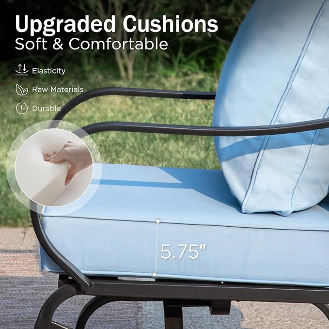 PHI VILLA 6 Piece Patio Furniture Sets with 1 x 3-Seat Deep Seating Bench, 2 x Cushioned Swivel Sofa Chairs, 1 x Coffee Table & 2 Ottoman, Outdoor Metal Conversation Set for Lawn Garden, Light Blue