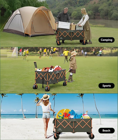 48”L Foldable Wagons Carts Extended, Collapsible Folding Wagon 500lbs Heavy Duty, 320L Large Beach Wagon, Utility Wagon with All Terrain Big Wheels for Sports, Camping, Grocery, Garden, Green
