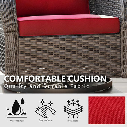Wicker Swivel Rocking Chairs Set 2 with Storage Side Table - Outdoor Brown Wicker Swivel Glider Chair Outdoor Rocking Chair with Water-Resistant Cushions, Red