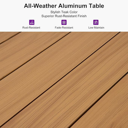 PURPLE LEAF 14 Pieces Patio Dining Set Wicker Outdoor Furniture Rectangular Table and Chairs Set for Garden Deck Teak-Finish & Grey Aluminum Frame Backyard Kitchen Set, Cushions and Pillows Included