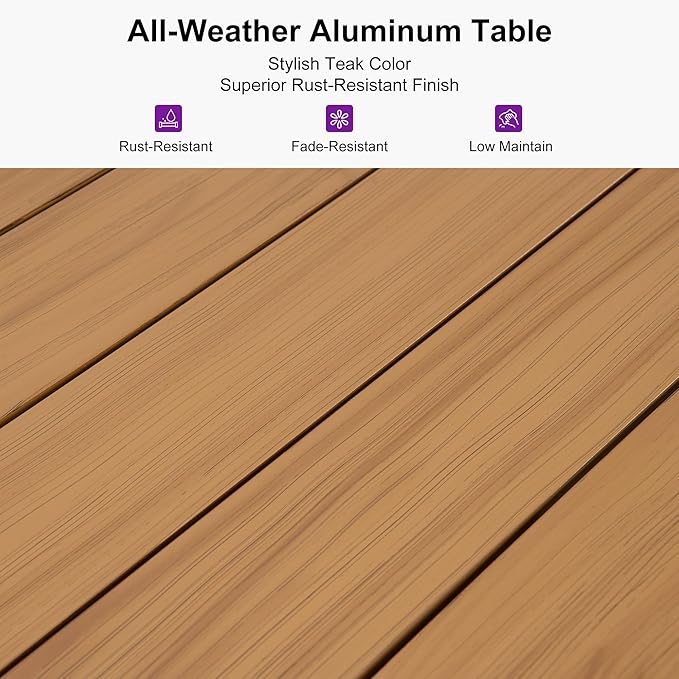 PURPLE LEAF 5 Pieces Patio Dining Set Wicker Outdoor Furniture Rectangular Table and Chairs Set for Garden Deck Teak-Finish Aluminum Frame Backyard Kitchen Set, Cushions and Pillows Included