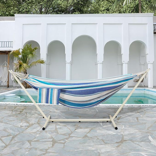 LazyDaze Hammocks Double Hammock with Stand - 2 Person Heavy Duty Outdoor Hammock for Adults, Includes Durable Steel Stand, Portable Carrying Bag and Pillow, Blue Stripes
