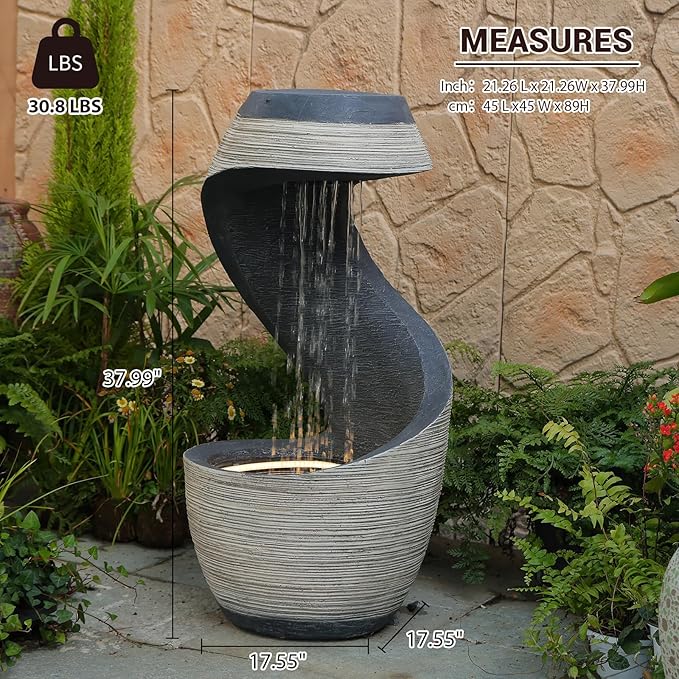 37" Tall S-Shaped Outdoor Waterfall Fountain – Rainfall Water Fountain for Garden, Patio or Backyard Decor, Floor-Standing Resin Garden Fountains Water Feature with Flat Top for Plant Display