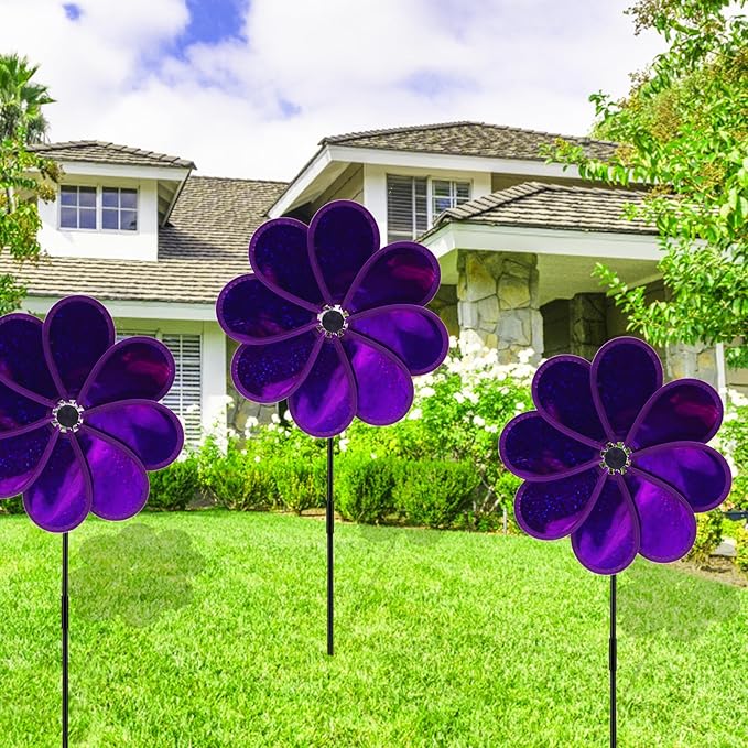 4PCS Flower Wind Spinner Sparkly Lawn Pinwheel 11.8 inch Garden Windmill for Garden, Party, Mardi Gras，Christmas Outdoor, Yard Decor