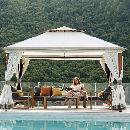 Grand Patio 10x13 FT Outdoor Double Quick Assembly Detachable Vent Soft Top Gazebo with Mosquito Netting and Curtains, 130 Sq Ft of Shade for Backyard and Garden, Beige