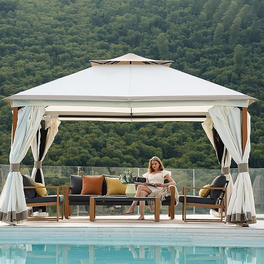 Grand Patio 10x13 FT Outdoor Double Quick Assembly Detachable Vent Soft Top Gazebo with Mosquito Netting and Curtains, 130 Sq Ft of Shade for Backyard and Garden, Beige