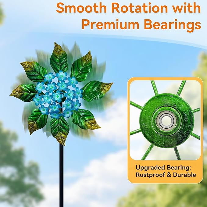 Solar Glow Garden Wind Spinner Outdoor, 13" W Flower Metal Wind Spinner & Sculptures with Fluorescent Coating, Kinetic Windmill for Yard Lawn Patio Decor, Blue