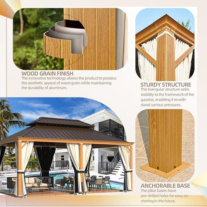YOLENY 12' x 18' Hardtop Gazebo, Wood Grain Aluminum Frame Outdoor Gazebo with Galvanized Steel Roof, Permanent Metal Pavilion with Curtains and Nettings for Patio, Backyard, Deck and Lawns