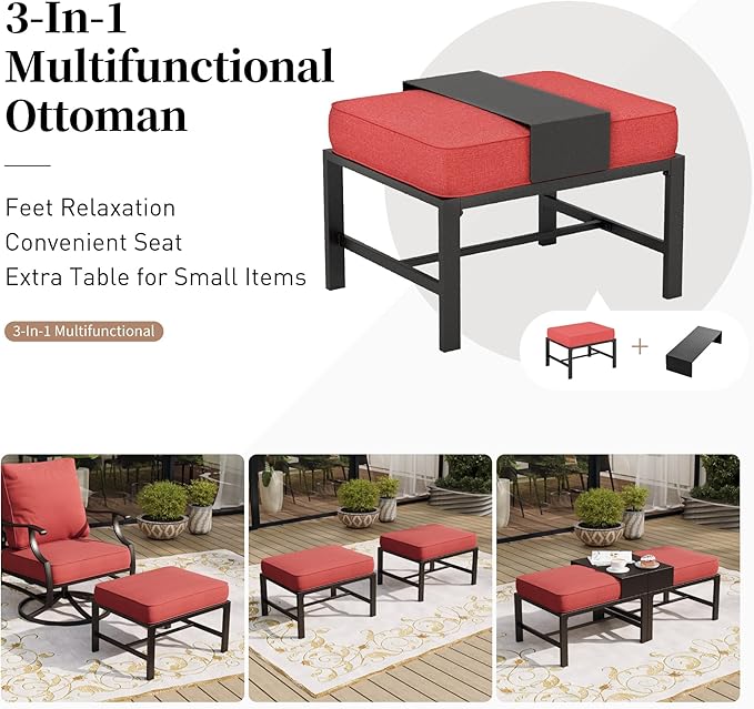 7 Piece Metal Outdoor Patio Furniture Set, Patio Conversation Sets 1 3-Seater Sofa, 4 Fixed Chair, 2 Ottomans with 5.75" Thick Cushion, Black All-Weather Frame Backyard Furniture, Red