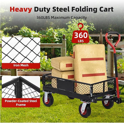 Heavy Duty Steel Garden Dump Cart,Meatl Utility Wagon with Removable Sides & 180° Rotating Handle, Utility Dump Cart with 10-Inch All Terrain Wheels for Yard Lawn and Farm