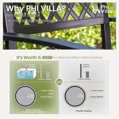 PHI VILLA 7 Pieces Outdoor Round Dining Set for 6, Wrought Iron Dining Table with Umbrella Hole & Stackable Metal Steel Chairs, Modern Dining Furniture Set for Patio, Deck, Backard, Porch