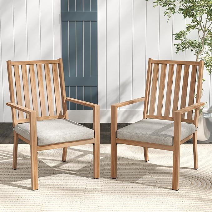 Patio Dining Chair Set of 4, Aluminum Outdoor Dining Chairs with Waterproof Cushions, Metal Outdoor Patio Furniture Seating for Porch, Balcony, Deck, Backyard, Light Wood Color