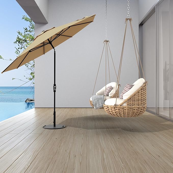 Midtown Umbrellas The Swilt 9 Feet Patio Umbrella in Sunbrella Heather Tan Acrylic Fabric - Fiberglass Ribs, Auto-Tilt Aluminum Frame For Backyard, Deck, Garden, Pool - White Pole