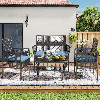 4-Piece Patio Furniture Set, Weather-Resistant Rattan Patio Conversation Set with Two-Tier Coffee Table, Upholstered Openwork Wicker Furniture for Porch, Garden, Lawn, Blue