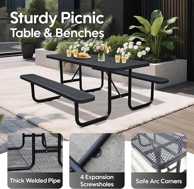 6FT Outdoor Picnic Tables,Heavy-Duty Metal Rectangular Picnic Table,Expanded Metal Commercial-Grade Table with 2 Benches & Umbrella Hole,Waterproof Coating Beach Table for Patio,Garden, Backyard