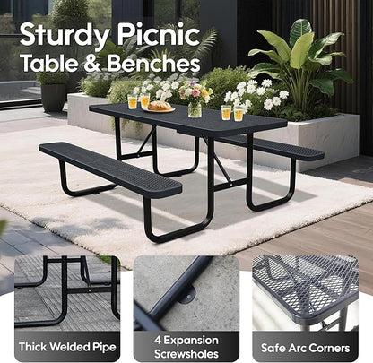 6FT Outdoor Picnic Tables,Heavy-Duty Metal Rectangular Picnic Table,Expanded Metal Commercial-Grade Table with 2 Benches & Umbrella Hole,Waterproof Coating Beach Table for Patio,Garden, Backyard