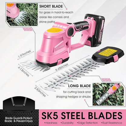 Saker Cordless Hedge Trimmer-20V Electric Shrub Trimmer Grass Shears Handheld Grass Cutter, Hedge Shear with 2 PCS Rechargeable Battery and Charger for Garden, Lawn(Pink)