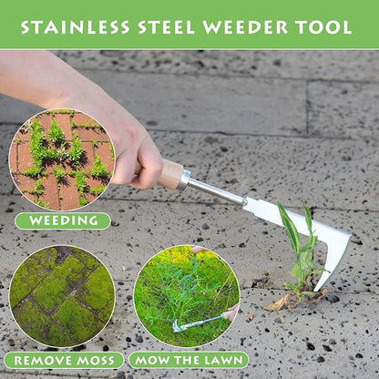 Crack Weeder, 12" Stainless Steel Crevice Weeding Tool with Wood Handle, L-Shaped Side-Walk Weed Puller Spatula, for Garden Lawn Yard Patio Terrace Paving Moss, Small Gardening Tool
