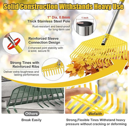 Plastic Leaf Rake for Lawns - Fast 16.5'' Wide Heavy Duty Yard Rakes for Leaves, Grass & Pine Needles, Non-Clog Garden Rake,Adjustable 1'' Steel Handle (35''-65'') Portable for Women,Seniors,Kids