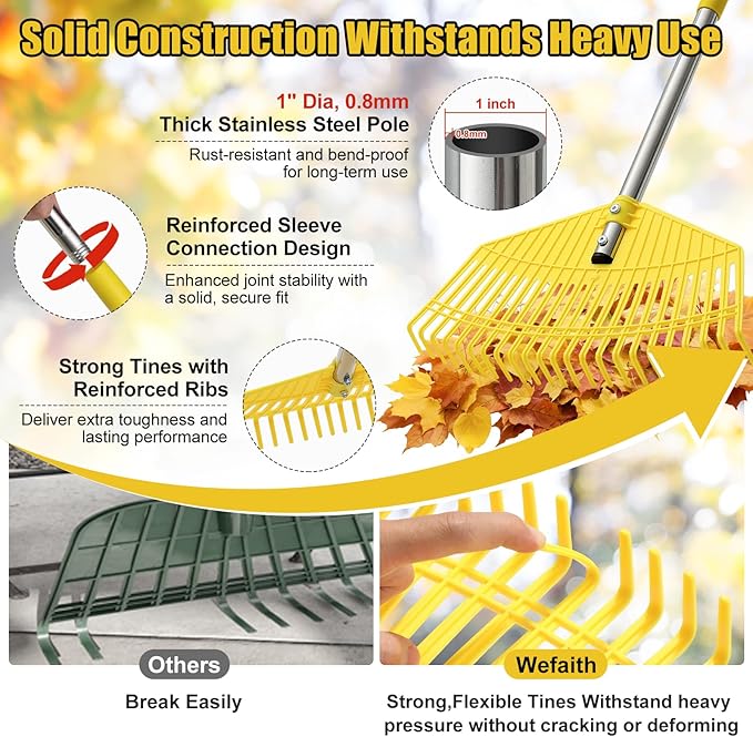 Plastic Leaf Rake for Lawns - Lightweight & Easy Yard Rakes for Leaves, Grass, Pine Needles,Gardening,Heavy Duty 16.5''Wide Garden Rake with Adjustable Handle (35''-75'') for Women,Seniors,Kids