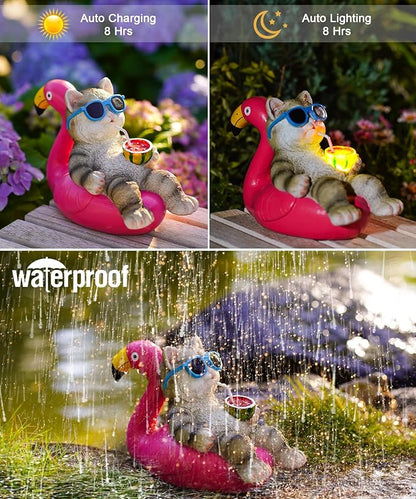 Nacome Cat Lying Flamingo for Garden Statue: Solar Outdoor Decor Figurine for Clearance Outside Lawn Ornaments Porch Patio Balcony – Gifts for Grandma Mom