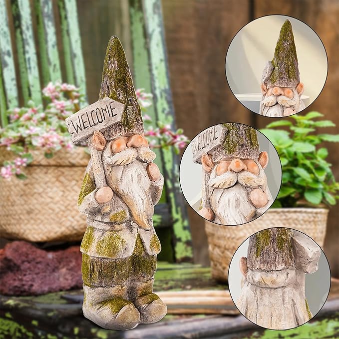 14”H Garden Gnomes Outdoor, Funny Porch Greeter Welcome Gnomes Decorations for Yard Patio Lawn, Resin Gnome Statues for Garden Decor, Unique Christmas Gnome Gift for Women
