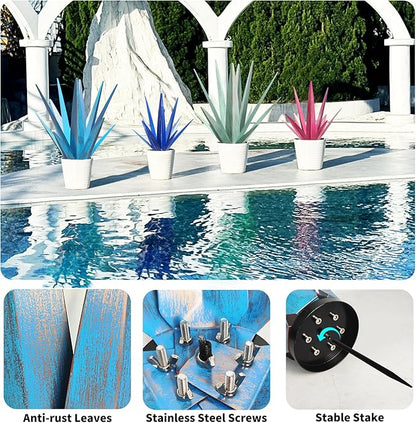 Large Tequila Rustic Sculpture, Rustic Metal Agave Plants for Outdoor Patio Yard, Home Decor Hand Painted Metal Agave Garden Yard Statue, Outdoor Lawn Ornaments (Rose Red - L (W/Solar Light))