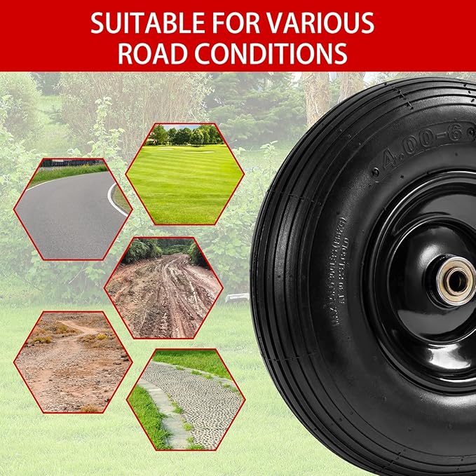 (2-Pack) 4.00-6 Wheelbarrow Tires, 13 Inch Pneumatic Tire and Wheel with 5/8" or 3/4" Bearings, 1.75"-5.75" Center Hub 4.00-6 Pneumatic Tire for Wheelbarrows, Trolleys, Garden Carts