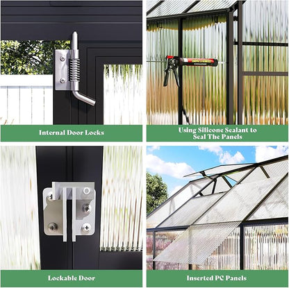 Amerlife 6x10x6.3 FT Outdoor Polycarbonate Greenhouse, Walk-in Aluminum Frame Structure with Dual Windows & Swing Door, Heavy-Duty Garden Building in Black