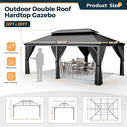 HAPPATIO 12' x 20' Hardtop Gazebo, Outdoor Aluminum Frame Gazebo with Galvanized Steel, Double Roof Permanent Patio Metal Canopy with Netting and Curtains for Backyard, Patio, Deck (Gray)