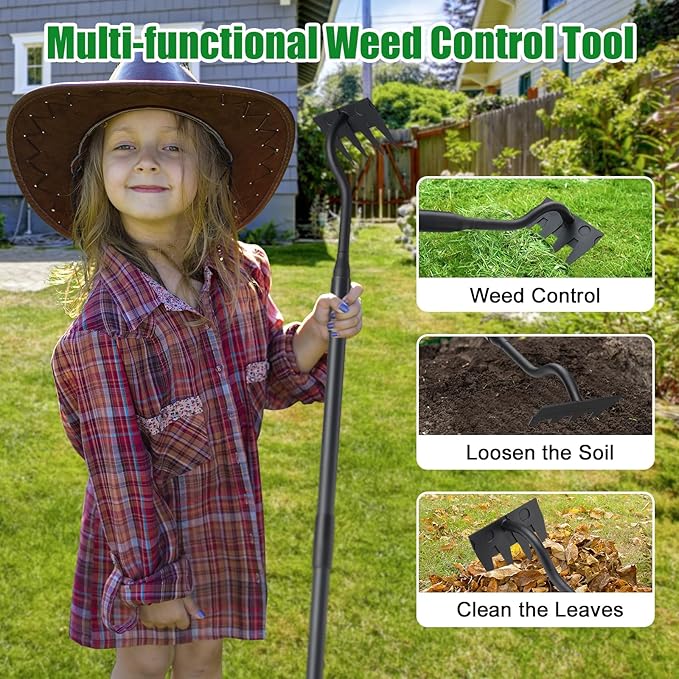 Weed Puller Tool, Garden Weeding Rake Tools with Detachable Long Handle, 56 inch Weed Remover Gardening Hand Tool for Lawn, Yard, atio and Backyard (4 Tines)