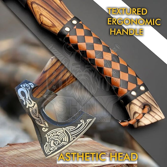 SHINY CRAFTS®- Handmade Viking Axe – Unique Gift for Him Engraved Carbon Steel Hatchet with Leather Sheath for Dad, Husband, Outdoorsman (SCA-03)