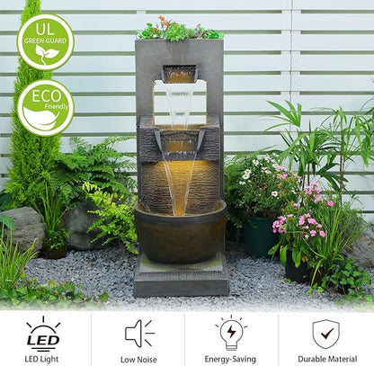 39" H Modern Outdoor Water Fountain with LED Lights and Pump, 3-Tier Standing Cascading Waterfall - Modern Design for Garden/Patio/Yard, Multi-Level Outdoor Decor 15“x14”x39“(Brown)
