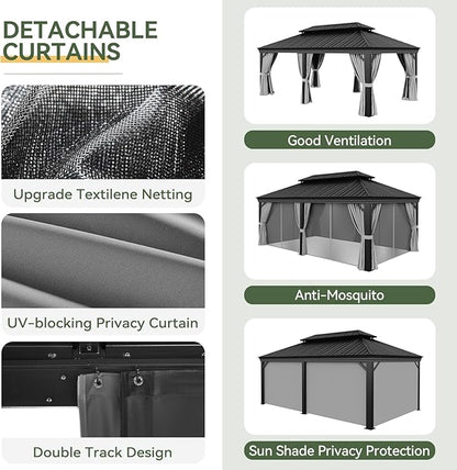 Aoxun Hardtop Gazebo 12x20 with Gutter, Upgraded Wider Aluminum Outdoor Gazebo with Galvanized Steel Double Roof, Patio Permanent Metal Pavilion with Netting and Privacy Curtain