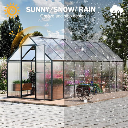 Greenhouse, 6x16 FT Easy Assembly Hybrid Polycarbonate Greenhouses for Outdoors w/3 Vent Windows & Swing Door Walk-in Green Houses Aluminum GreenHouses for Garden, Black
