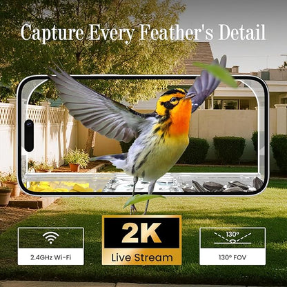 Smart Window Bird Feeder Camera with AI, Modern Design for Panoramic Views, 2K HD Live Feed, USB Powered & Secure Suction Mount - The Ultimate Tech Gift (Clear)