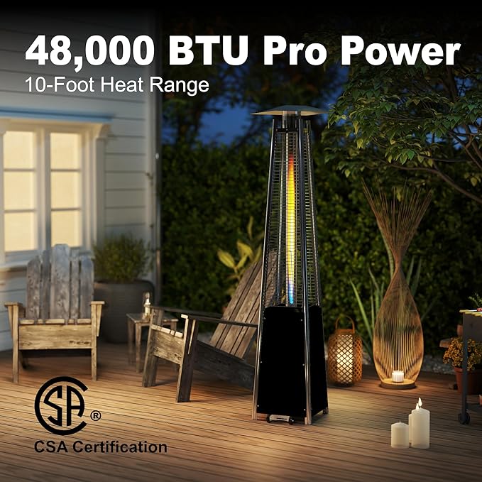 Kingdura 48,000 BTU Pyramid Patio Heater with Cover & Wheels, Outdoor Patio Heaters for Outdoor Use, Triple Safety Protection, 87" Quartz Glass Tube Propane Heater for Deck Backyard Commercial Balcony
