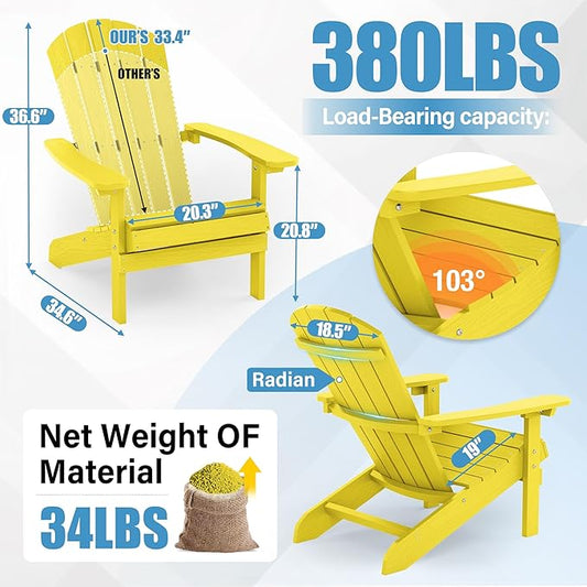YEFU Adirondack Chairs Set of 2: Plastic Adirondack Chairs - Patio Chairs with Wood Texture - Outdoor Chair HIPS - Lawn Fire Pit Deck Porch Garden Chairs for Adults (Yellow)