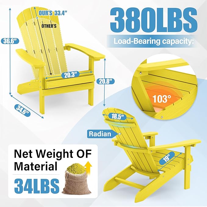 YEFU Adirondack Chairs Set of 8: Plastic Adirondack Chairs - Patio Chairs with Wood Texture - Outdoor Chair HIPS - Lawn Fire Pit Deck Porch Garden Chairs for Adults (Yellow)