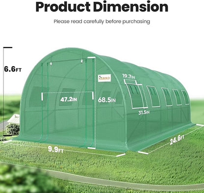 KING BIRD Premium 25x10x6.6FT Greenhouse for Outdoors, Large Walk-in Upgraded Galvanized Metal Frame, Mesh Door Screen Window Improved Zipper Tunnel Hoop for Garden Plant Winter, 2 Stiffeners, Green