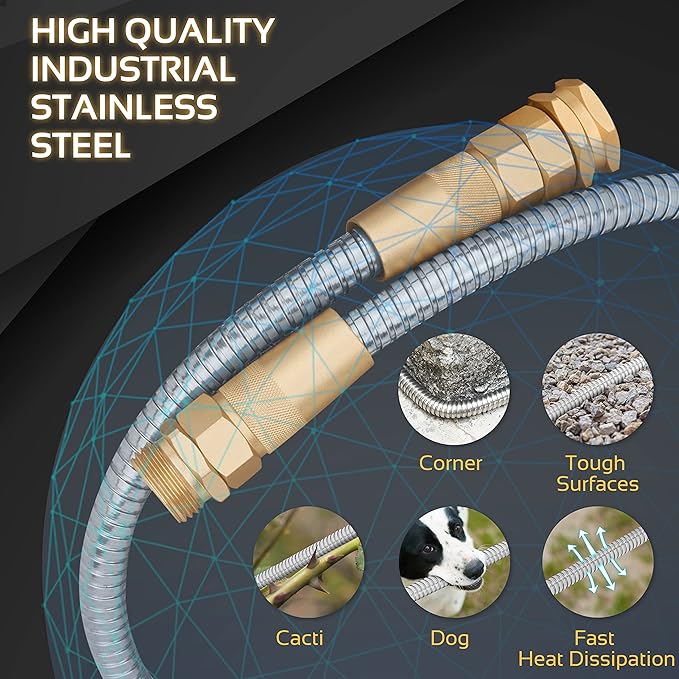 Garden Hose Metal - 75ft Heavy Duty Stainless Steel Water Hose with 8 Function Sprayer & Metal Fittings, Flexible, Lightweight, No Kink, Puncture Proof Hose for Yard, Outdoors, Rv