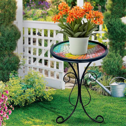HONGLAND Outdoor Mosaic Side Table, 12" Small Outdoor Table, Round Patio Side Table End Table, Glass Plant Stand, Small Bistro Coffee Table for Garden Patio Porch Living Room （Hummingbird）