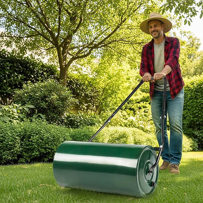 Outvita Lawn Roller, 13 Gallons Water and Sand Filled Garden Drum Roller with U Shaped Handle Tow beind Sod Roller for Planting, Seeding(Green ＆ Black)