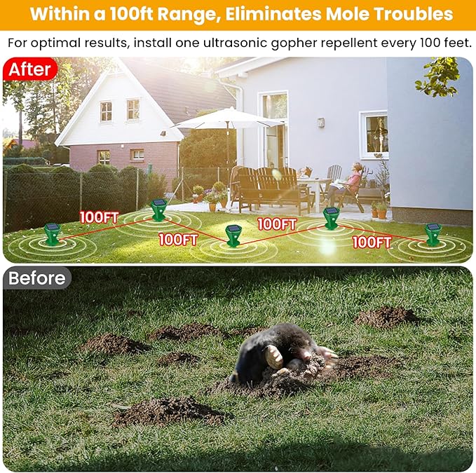 Mole Repellent Solar Powered Ultrasonic,6 Pack Gopher Repellent Outdoor for Lawn Garden Yard,Waterproof Mole Killer Traps,Sonic Spikes Get Rid of All Pests Gopher Vole Groundhog Chipmunk Snake-Green