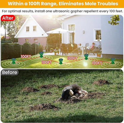 Mole Repellent Solar Powered Ultrasonic,4 Pack Gopher Repellent Outdoor for Lawn Garden Yard,Waterproof Mole Killer Traps,Sonic Spikes Get Rid of All Pests Gopher Vole Groundhog Chipmunk Snake-Green