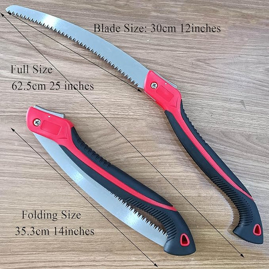 12 Inch Heavy Duty Pruning Saw, Folding Hand Saw with SK5 Curved Blade, Triple-cut Razor Teeth Used for Trees Wood Cutting Camping Gardening Work, Hiking, Landscaping, Tree Trimming